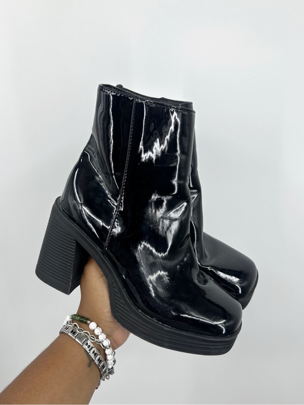 Rogue Vintage Y2K Black Patent Leather Chunky Heel Boots Size 7 Goth Grunge